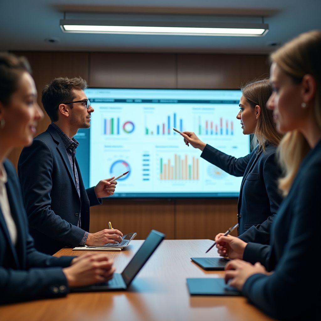 Команда обсуждает KPI показатели на дашборде